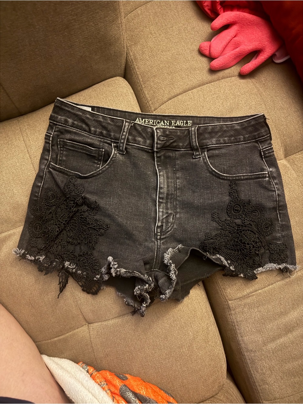 American Eagle Outfitters Black Denim Lace-Appliqué Jean Shorts